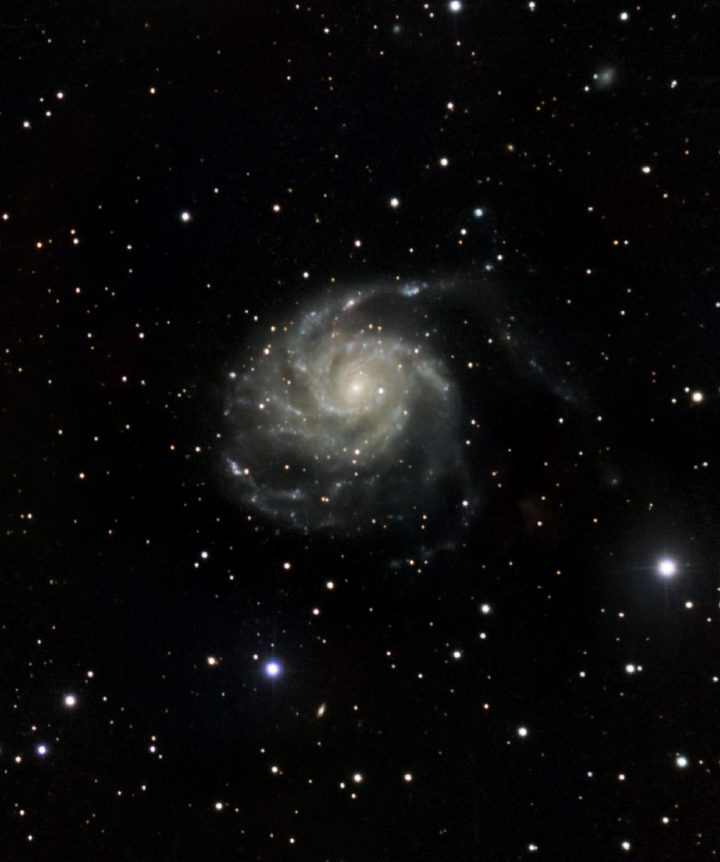 Astrophotograph of M101, the Pinwheel Galaxy, a face-on spiral galaxy showing sweeping arms and pink star-forming regions