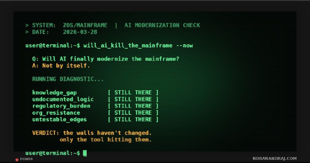 Editorial cover with the headline 'The walls haven't changed', a piece on why AI won't modernize the mainframe overnight