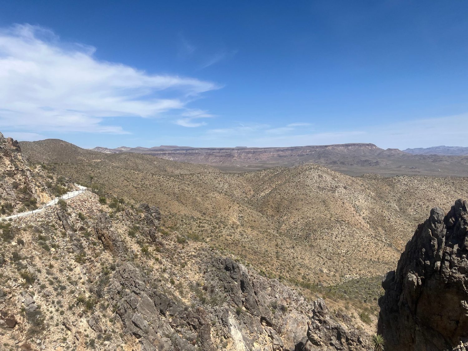 Wide panorama of the Mojave Desert near Mitchell Caverns, sage-green scrubland rolling toward distant mountains under a clear sky