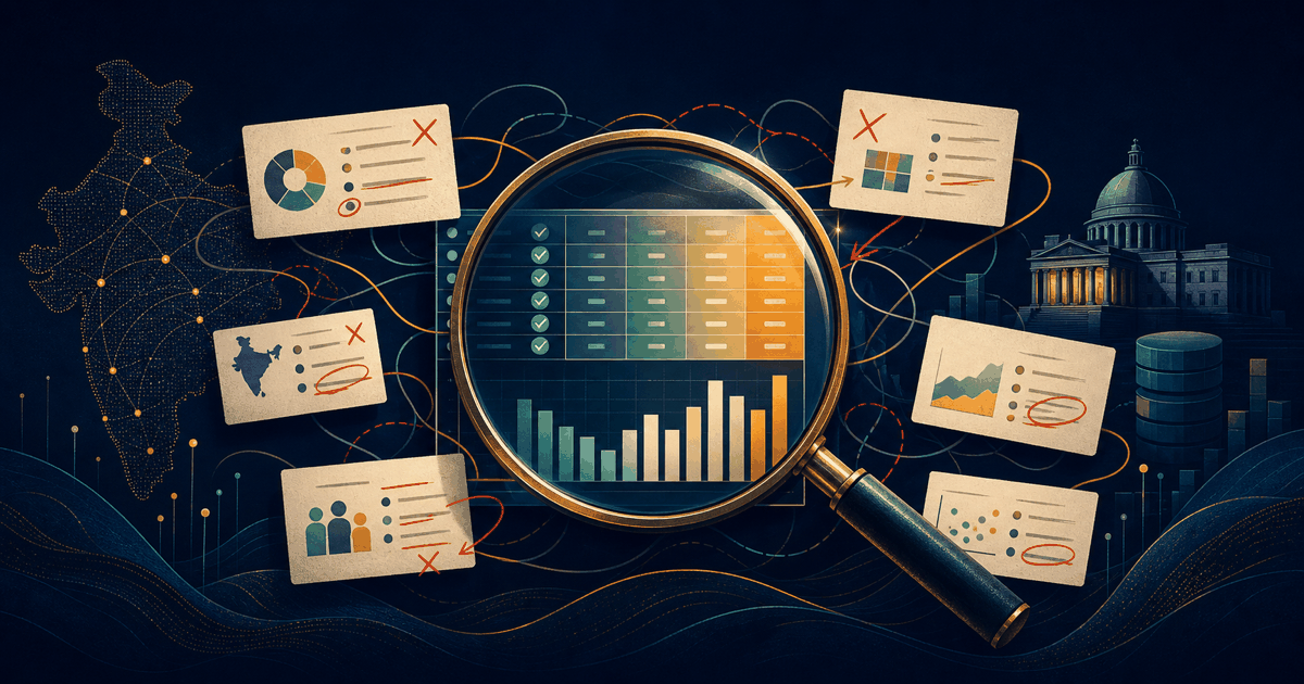 A magnifying glass over a data table, surrounded by index cards of charts and figures, most of them struck through with red crosses and circled corrections