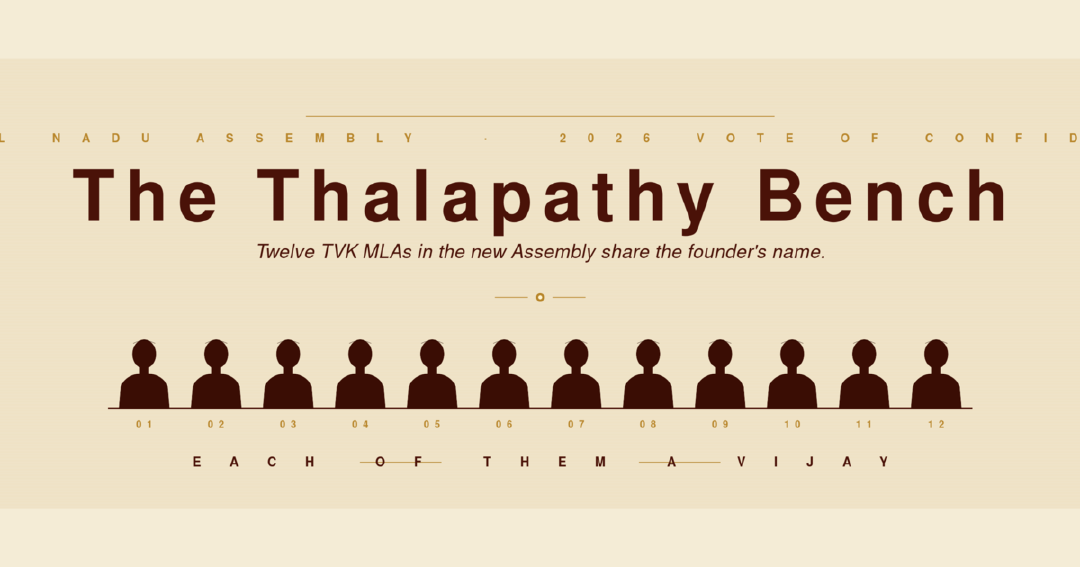 The Thalapathy Bench: twelve identical silhouettes representing the twelve Vijay-named TVK MLAs in the new Tamil Nadu Assembly