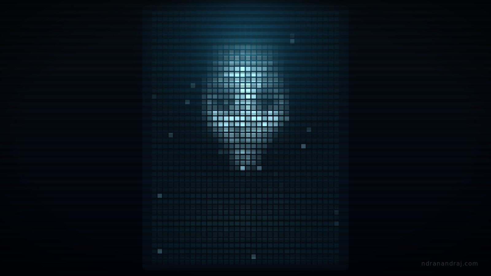 A glowing blue holographic face behind a wall of glass panels, evoking VIKI, the AI from the film I, Robot